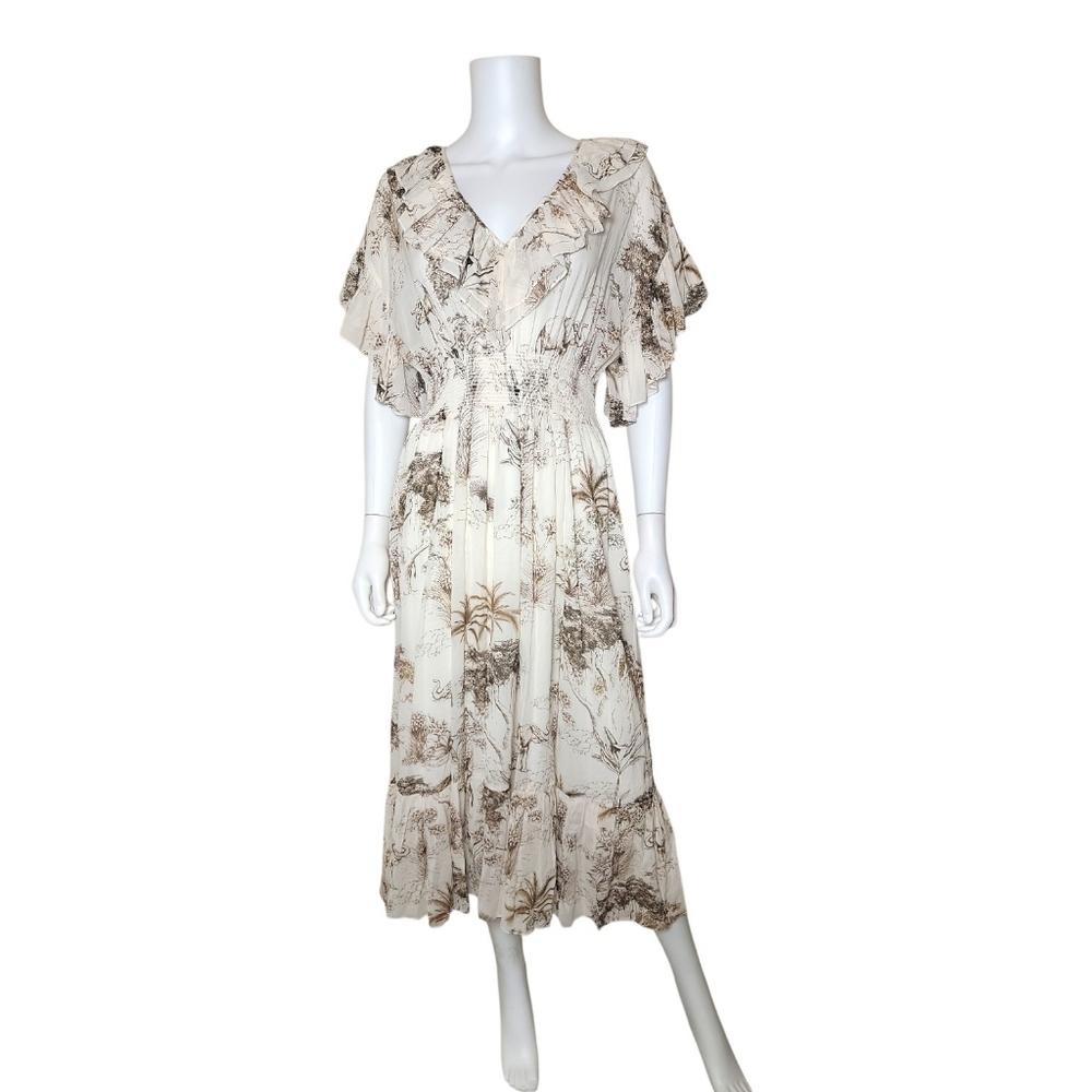 NWT $480 SANDRO Marro Ruffle Printed Midi Dress FR38 US 6 - Picture 6 of 8